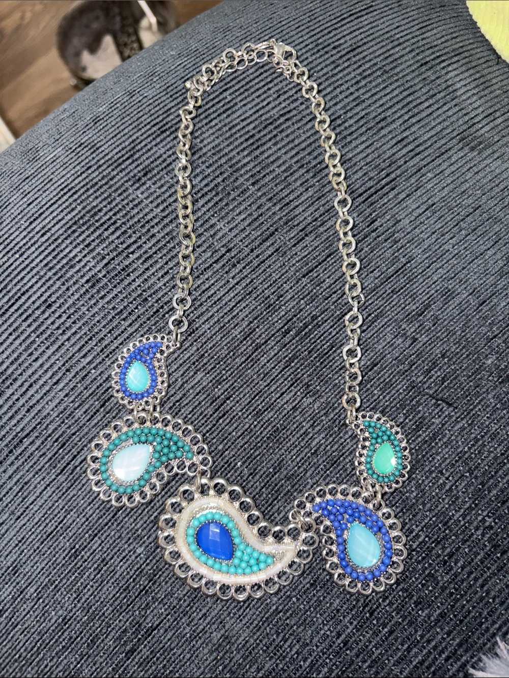 9-Silver-Tone Blue & Teal Paisley Statement Necklace